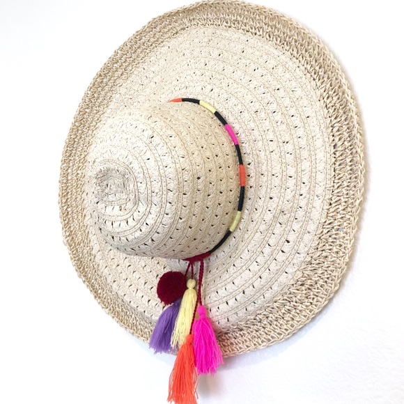 Cost Plus World Market Accessories - Straw Floppy Bohemian Boho Tassel Colorful Hat
